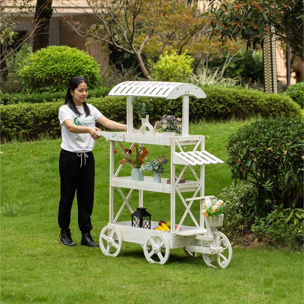 Vintiquewise White Wood Decor Display Rack Mobile Food Cart with Wheels 3 Tier - QI004641