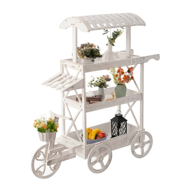 Vintiquewise White Wood Decor Display Rack Mobile Food Cart with Wheels 3 Tier - QI004641