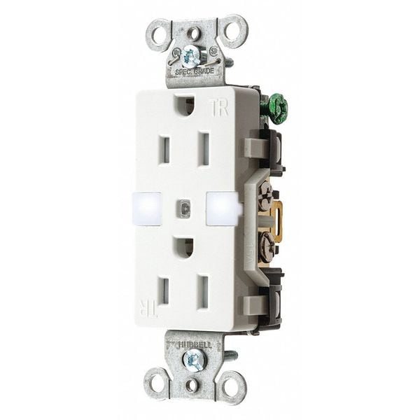 Hubbell Receptacle, 15 A Amps, 125V AC, Flush Mount, Decorator Duplex Outlet, 5-15R, White - DR15NLWH