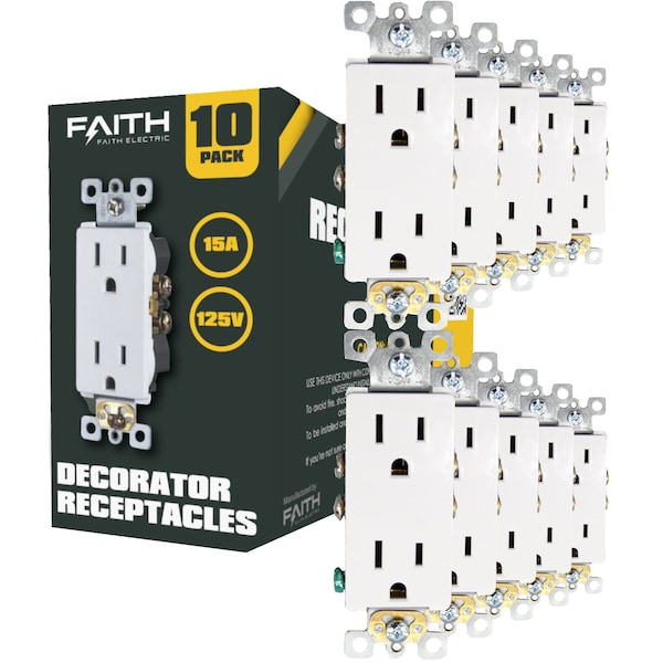 Faith Non-Tamper-Resistant Outlet, 15A 125V Decorator Receptacles, UL-Listed, White, 10PK - SSRE1-WH-10