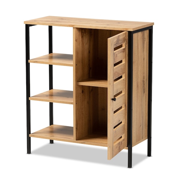Baxton Studio Vander Contemporary Oak Brown Finished Wood and Black Metal 1-Door Shoe Storage Cabinet - 189-11751-ZORO