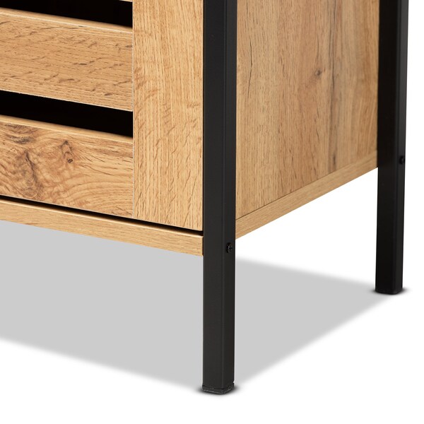 Baxton Studio Vander Contemporary Oak Brown Finished Wood and Black Metal 1-Door Shoe Storage Cabinet - 189-11751-ZORO