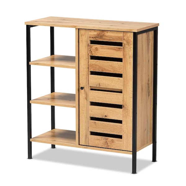 Baxton Studio Vander Contemporary Oak Brown Finished Wood and Black Metal 1-Door Shoe Storage Cabinet - 189-11751-ZORO