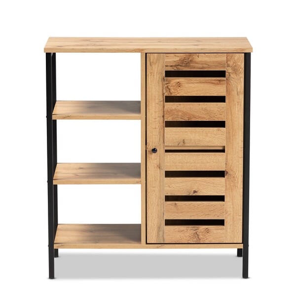 Baxton Studio Vander Contemporary Oak Brown Finished Wood and Black Metal 1-Door Shoe Storage Cabinet - 189-11751-ZORO