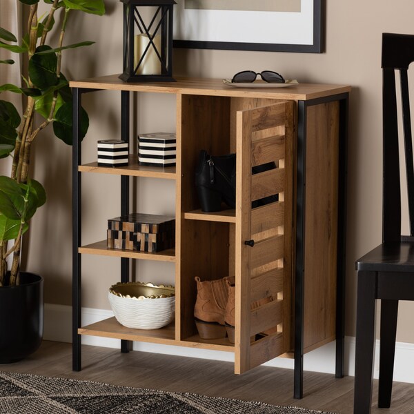 Baxton Studio Vander Contemporary Oak Brown Finished Wood and Black Metal 1-Door Shoe Storage Cabinet - 189-11751-ZORO