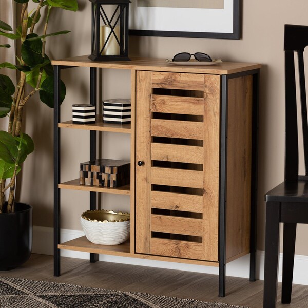 Baxton Studio Vander Contemporary Oak Brown Finished Wood and Black Metal 1-Door Shoe Storage Cabinet - 189-11751-ZORO