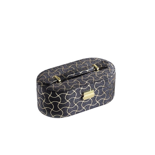 Ore Furniture 3.5 in. Leather and Gold Jewlery Case with Mirror Travel Case, Black - YMB-1804