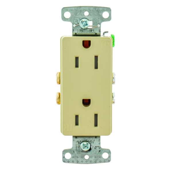 Hubbell Receptacle, 15 A Amps, 125V AC, Flush Mount, Decorator Duplex Outlet, 5-15R, Ivory - RRD15SITR