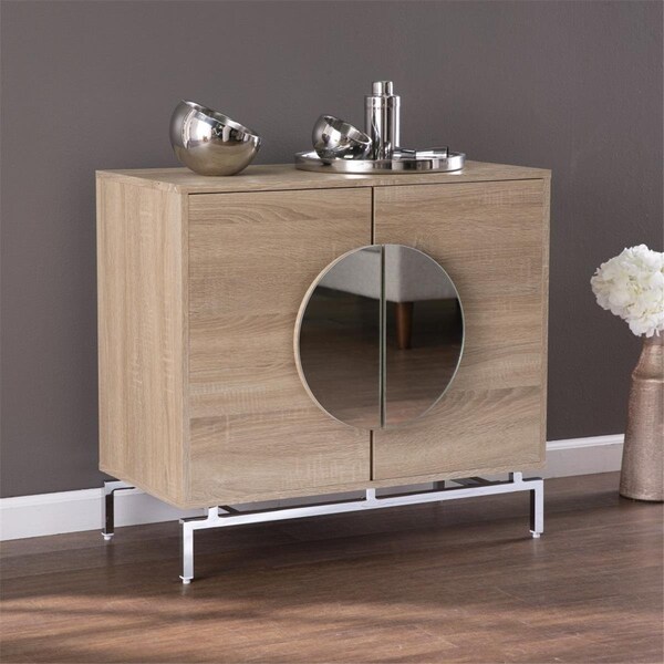 Gfancy Fixtures Contemporary Mirrored Circle Double Door Bar Cabinet, Natural - GF3103570