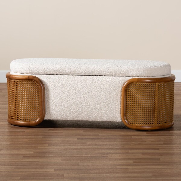 Baxton Studio Basira Japandi Cream Boucle Fabric Storage Bench with Woven Rattan - 241-13558-ZORO