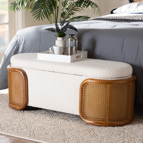 Baxton Studio Basira Japandi Cream Boucle Fabric Storage Bench with Woven Rattan - 241-13558-ZORO