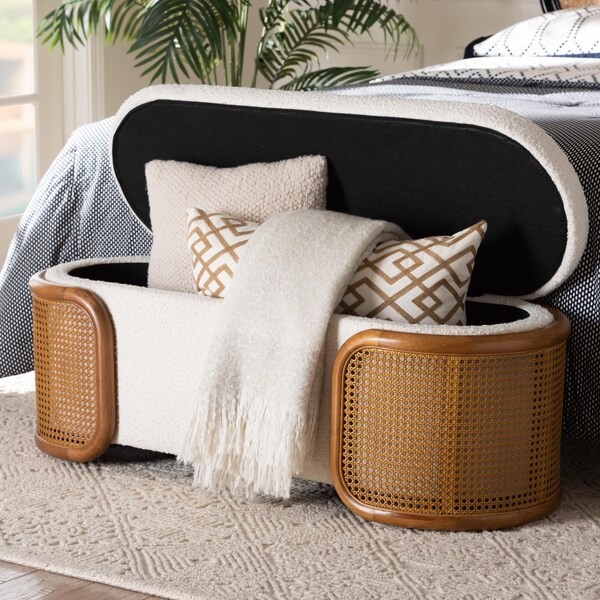 Baxton Studio Basira Japandi Cream Boucle Fabric Storage Bench with Woven Rattan - 241-13558-ZORO