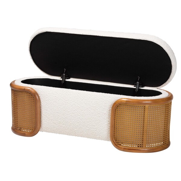 Baxton Studio Basira Japandi Cream Boucle Fabric Storage Bench with Woven Rattan - 241-13558-ZORO