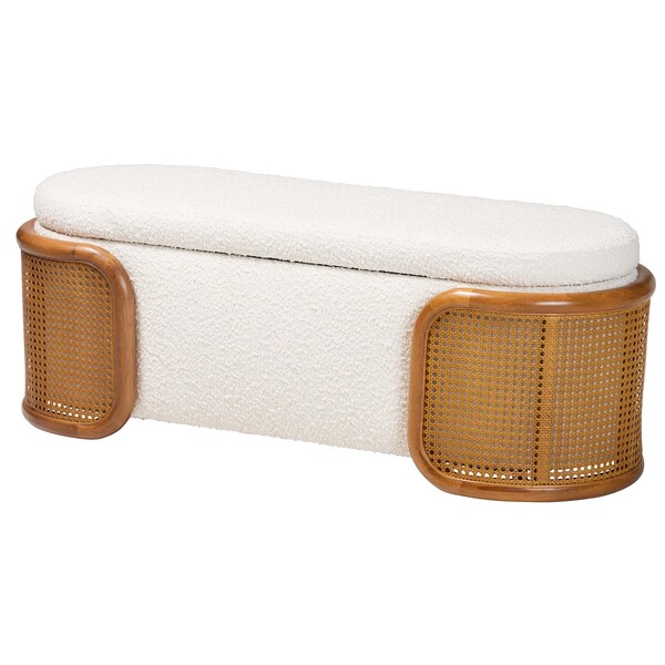 Baxton Studio Basira Japandi Cream Boucle Fabric Storage Bench with Woven Rattan - 241-13558-ZORO
