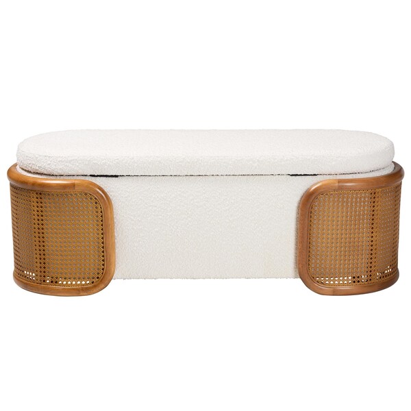 Baxton Studio Basira Japandi Cream Boucle Fabric Storage Bench with Woven Rattan - 241-13558-ZORO