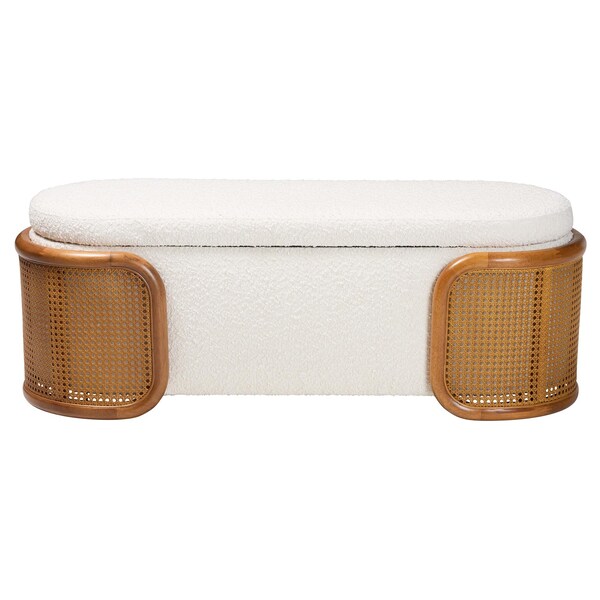Baxton Studio Basira Japandi Cream Boucle Fabric Storage Bench with Woven Rattan - 241-13558-ZORO