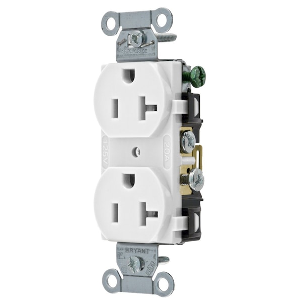 Bryant Straight Blade Devices, Receptacles, Duplex, 20A 125V, 2- Pole 3-Wire Grounding, 5-20R, White - CBRS20W