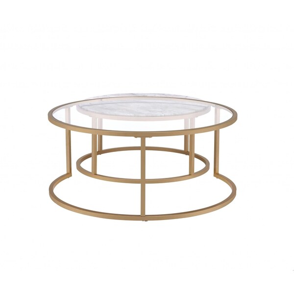 Homeroots 36 x 36 x 16 in. Faux Marble Gold Metal Engineered Wood Nesting Table Set 2 Piece - 347396