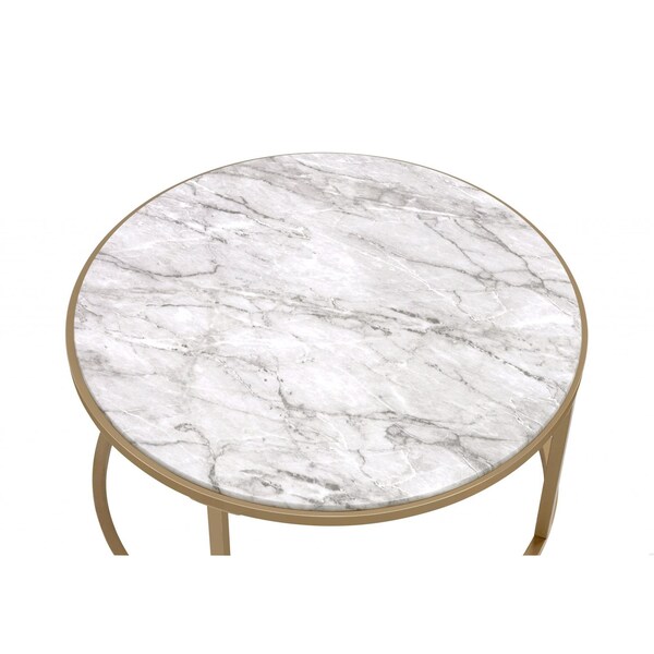Homeroots 36 x 36 x 16 in. Faux Marble Gold Metal Engineered Wood Nesting Table Set 2 Piece - 347396