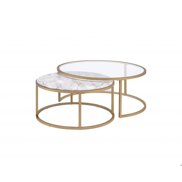 Homeroots 36 x 36 x 16 in. Faux Marble Gold Metal Engineered Wood Nesting Table Set 2 Piece - 347396