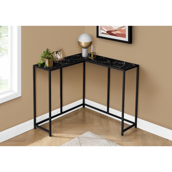 Clean Choice 36 in. L-shaped Corner Metal Frame Console Table, Black Marble-look & Black - CL3076414