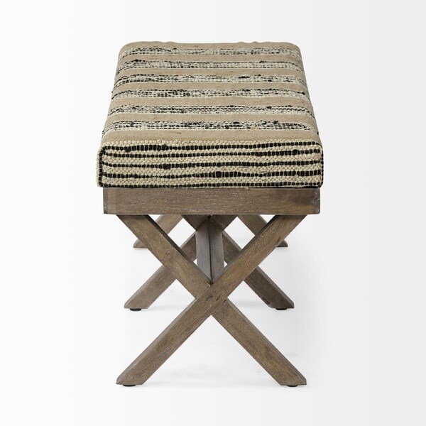 Homeroots Rectangular Mango Wood & Medium Brown Base with Upholstered Beige & Black Stripe Seat Accent Bench - 376185