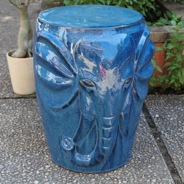 International Caravan Wild Elephant Drum Ceramic Garden Stool, Navy Blue Glaze - OPG-064-NV