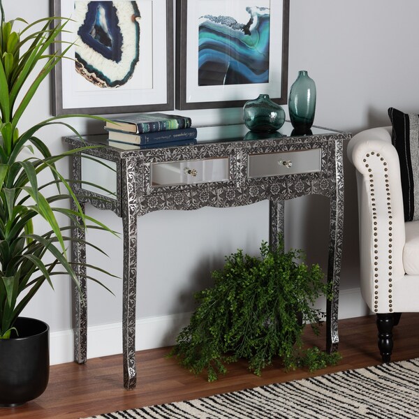 Baxton Studio Wycliff Industrial Glam and Luxe Silver Finished Metal and Mirrored Glass 2Drawer Console Table - 213-12007-ZORO