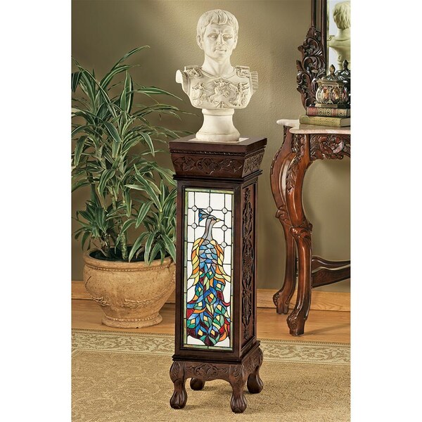 Design Toscano Peacock Stained Glass Illuminated Hand-Crafted Pedestal - BN1036