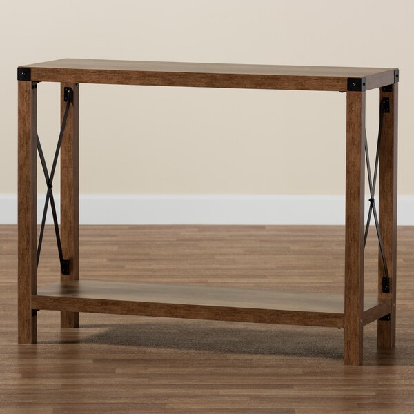 Baxton Studio Rumi Modern Farmhouse Natural Brown Finished Wood and Black Metal Console Table - 226-12495-ZORO