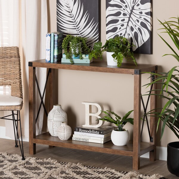 Baxton Studio Rumi Modern Farmhouse Natural Brown Finished Wood and Black Metal Console Table - 226-12495-ZORO