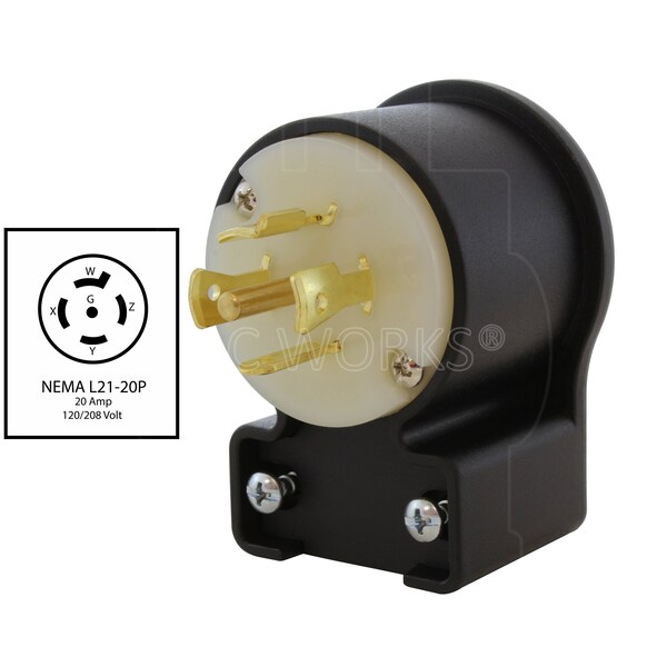 Ac Works NEMA L21-20P 20A 3-Phase 120/208V 3PY, Elbow 5-Wire Locking Male Plug UL, C-UL Approval - ASEL2120P
