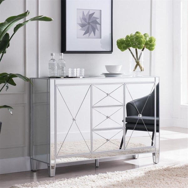 Homeroots Glamorous Mirrored Bling Multi Storage Accent Cabinet, Silver - 401707