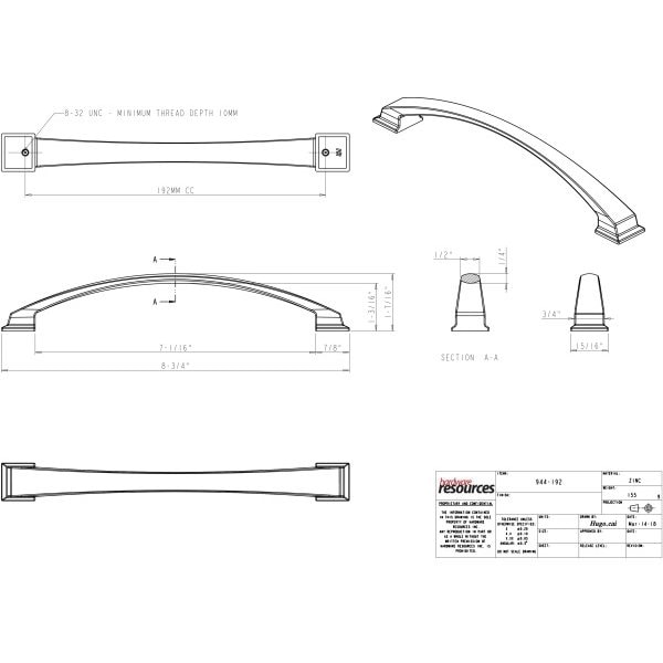 Jeffrey Alexander 192 mm Center-to-Center Satin Nickel Arched Roman Cabinet Pull - 944-192SN