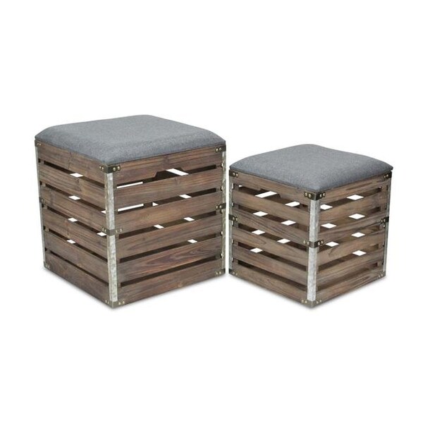 Cheungs Cheungs 4936-2GW Square Wood Slat Storage Bench with Metal Accent & Cushioned Lid - Set of 2 - 4936-2GW