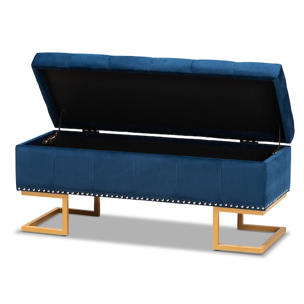 Baxton Studio Ellery Luxe and Glam Navy Blue Velvet Fabric and Gold Finished Metal Storage Ottoman - 178-11294-ZORO