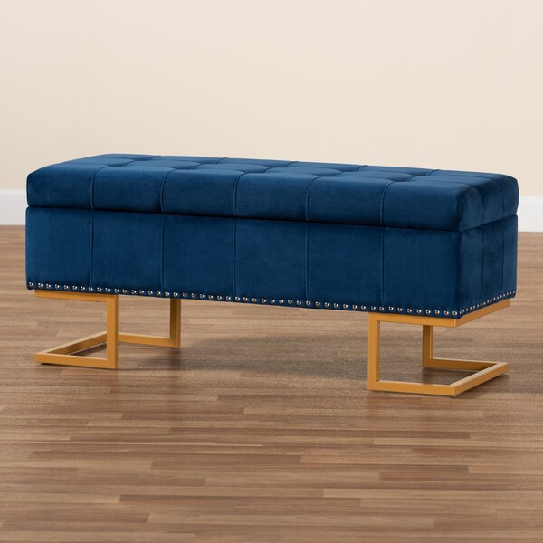 Baxton Studio Ellery Luxe and Glam Navy Blue Velvet Fabric and Gold Finished Metal Storage Ottoman - 178-11294-ZORO