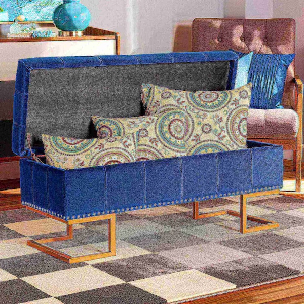 Baxton Studio Ellery Luxe and Glam Navy Blue Velvet Fabric and Gold Finished Metal Storage Ottoman - 178-11294-ZORO