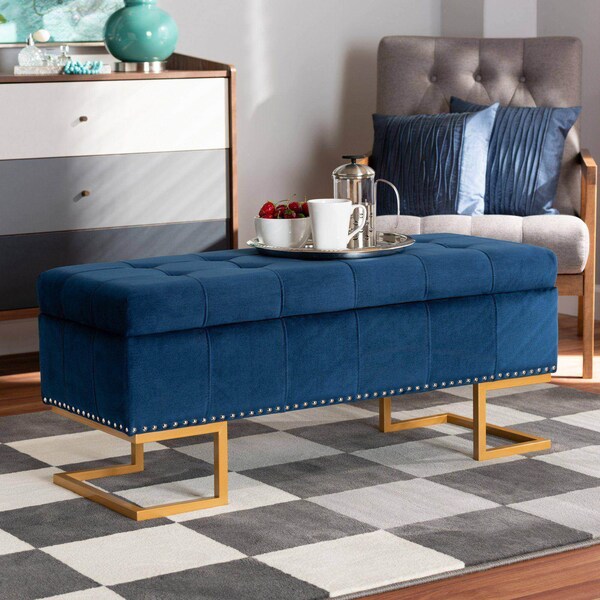 Baxton Studio Ellery Luxe and Glam Navy Blue Velvet Fabric and Gold Finished Metal Storage Ottoman - 178-11294-ZORO