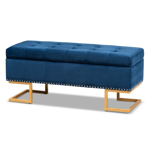 Baxton Studio Ellery Luxe and Glam Navy Blue Velvet Fabric and Gold Finished Metal Storage Ottoman - 178-11294-ZORO