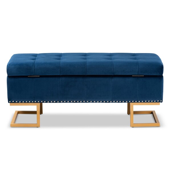 Baxton Studio Ellery Luxe and Glam Navy Blue Velvet Fabric and Gold Finished Metal Storage Ottoman - 178-11294-ZORO