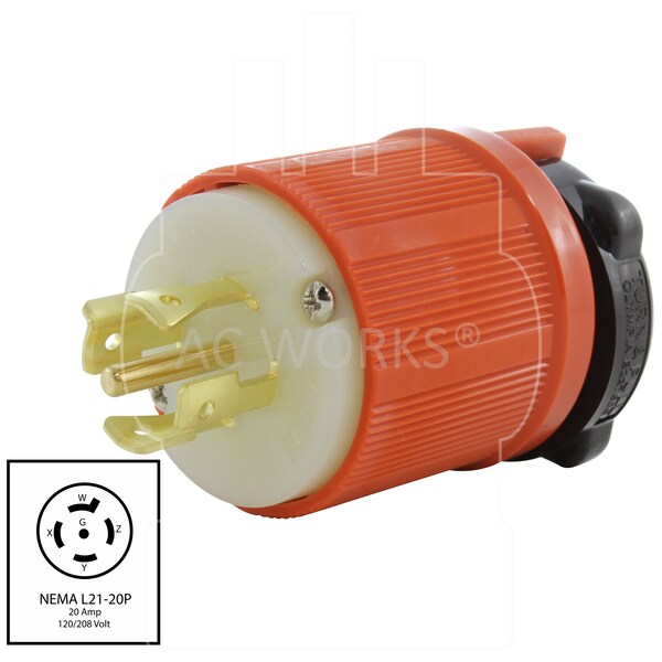 Ac Works NEMA L21-20P 20A 3-Phase 120/208V 3PY, 5-Wire Locking Male Plug UL, C-UL Approval in Orange - ASL2120P