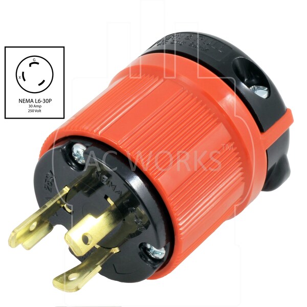 Ac Works NEMA L6-30P 30A 250V 3-Prong Locking Male Plug with UL, C-UL Approval in Orange - ASL630P