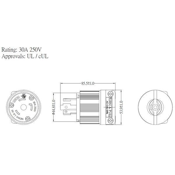 Ac Works NEMA L6-30P 30A 250V 3-Prong Locking Male Plug with UL, C-UL Approval in Orange - ASL630P