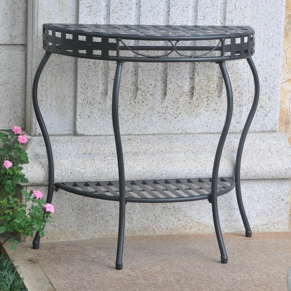 International Caravan Santa Fe Iron Nailhead 2-Tier Half Moon Table, Antique Black - 3559-ANT-BK