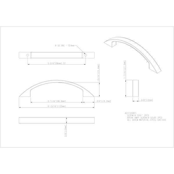 Elements By Hardware Resources 96 mm Center-to-Center Satin Nickel Arched Somerset Cabinet Pull - 8004-SN