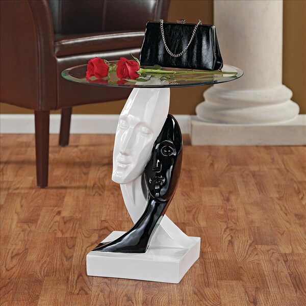 Design Toscano Lovers in Black and White Sculptural Glass-Topped Table - KY4066