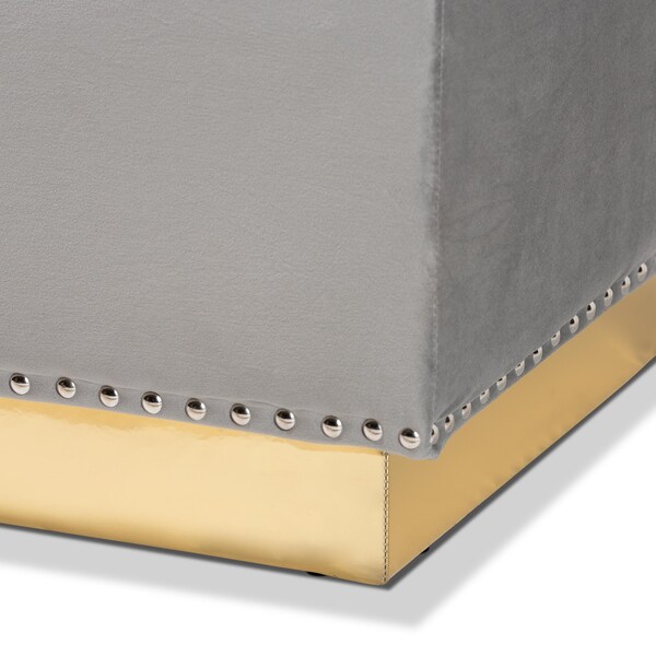 Baxton Studio Powell Glam and Luxe Grey Velvet Fabric and Gold PU Leather Storage Ottoman - 175-11236-ZORO
