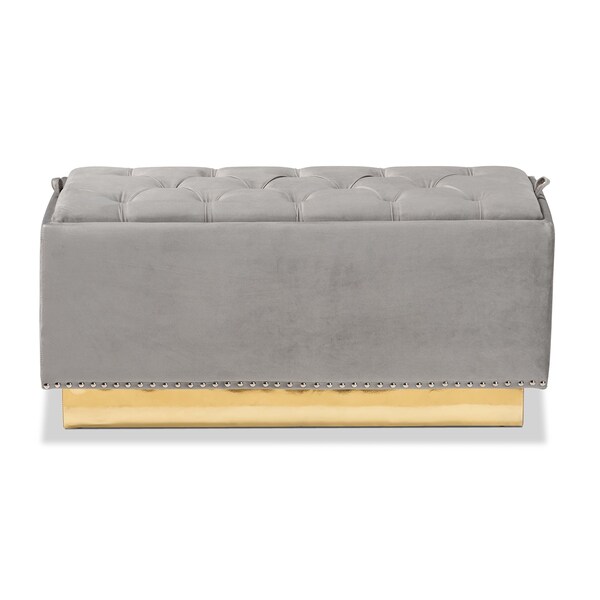 Baxton Studio Powell Glam and Luxe Grey Velvet Fabric and Gold PU Leather Storage Ottoman - 175-11236-ZORO
