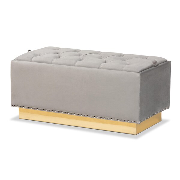 Baxton Studio Powell Glam and Luxe Grey Velvet Fabric and Gold PU Leather Storage Ottoman - 175-11236-ZORO
